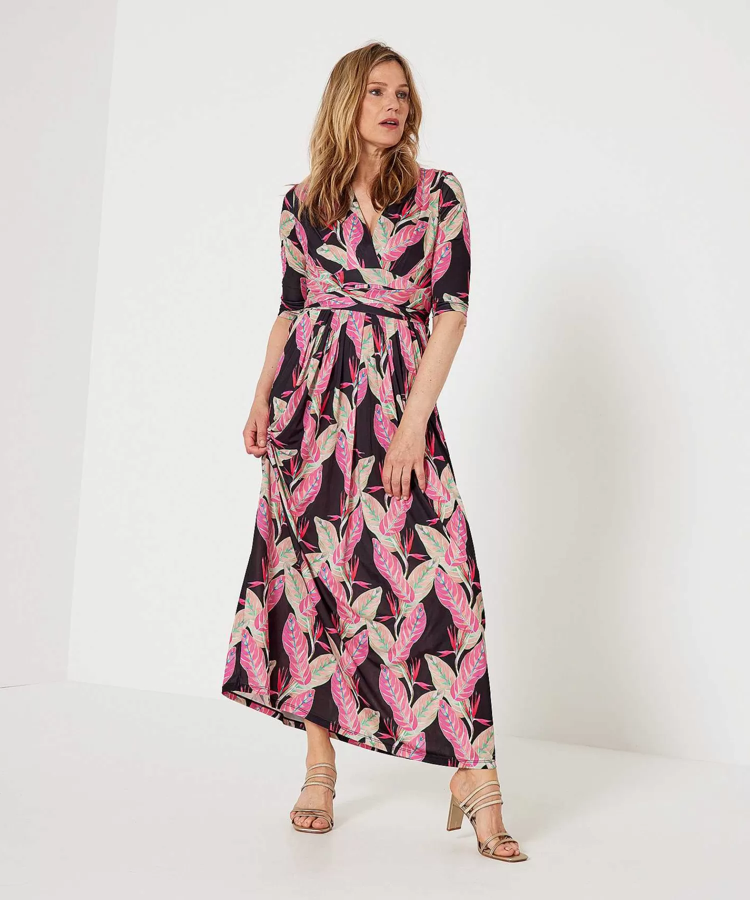 Jurken^Marivie Slinky Maxi Jurk Leaves